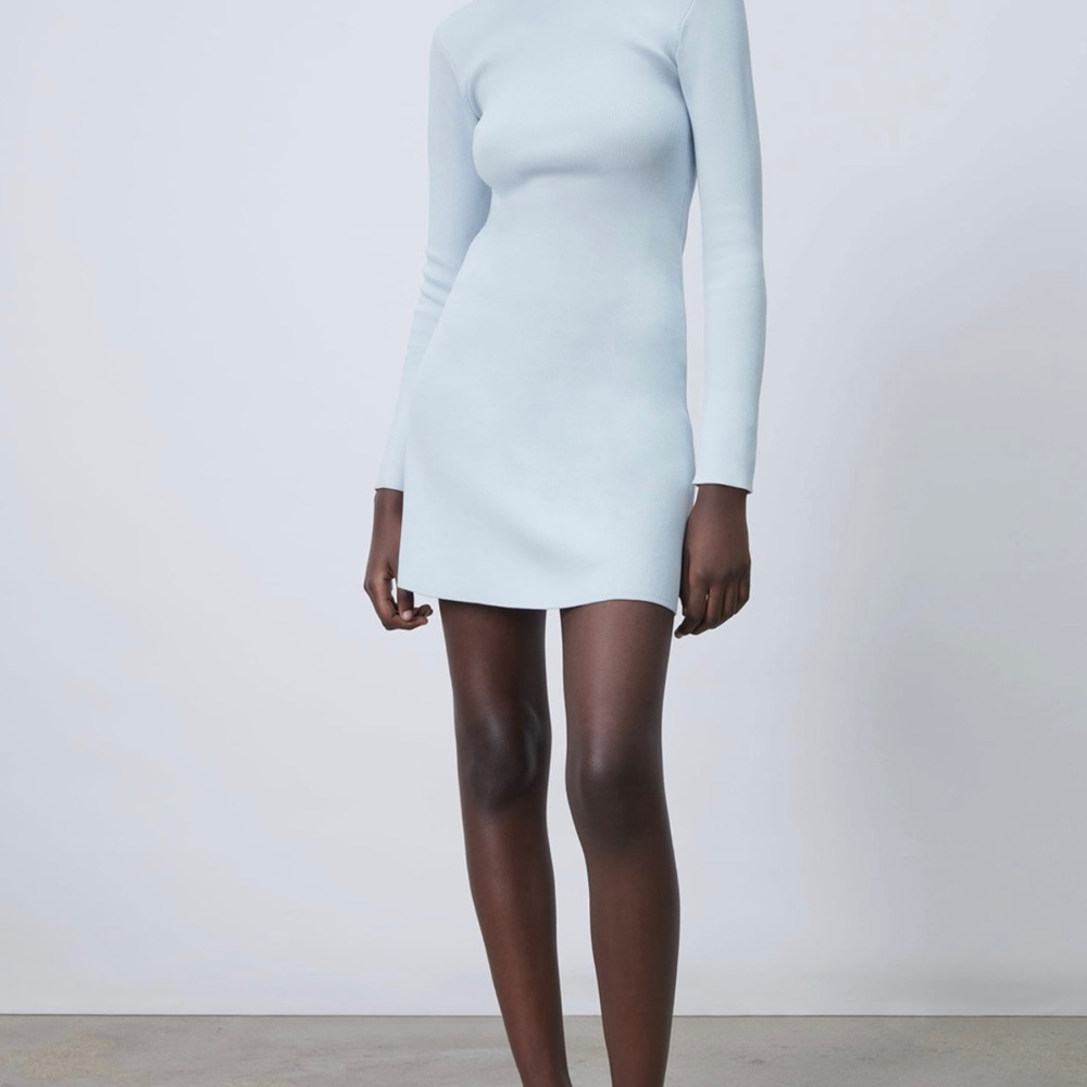 ZARA Knit Midi Dress With Round Neck Long Sleeves Blue Baby Size M